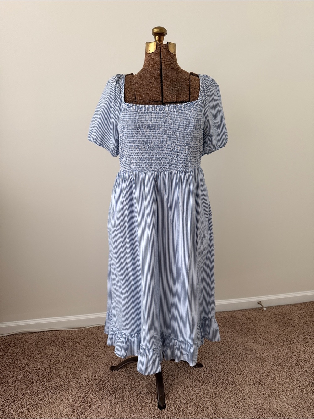 J. Crew Factory Light Blue & White Striped Smocked Midi Dress